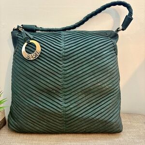 Basile Dark Green Vegan Leather Pleated Hobo Shoulder Bag Purse W/Braided Strap